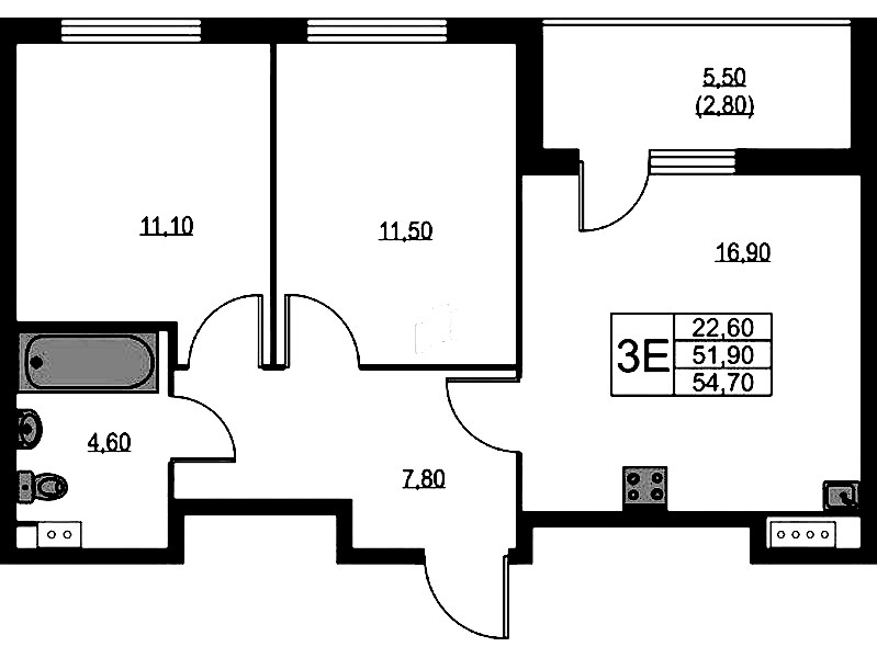 2-комнатная квартира 54.7 м², 8/12 эт., ЖК «А101 Лаголово»